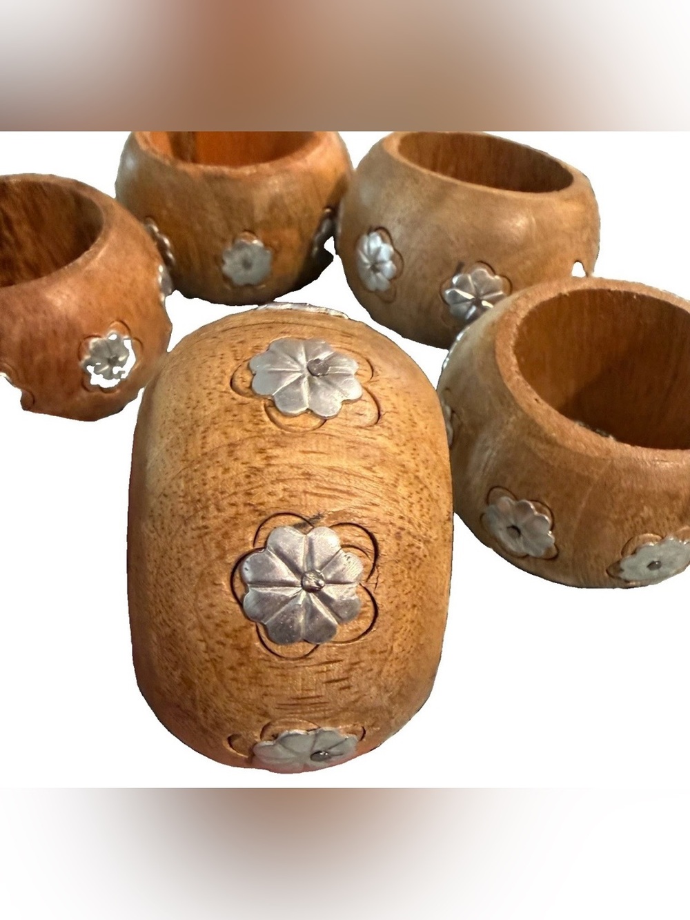 Vintage Floral Inlay Wooden Napkin Rings (Set of 5)